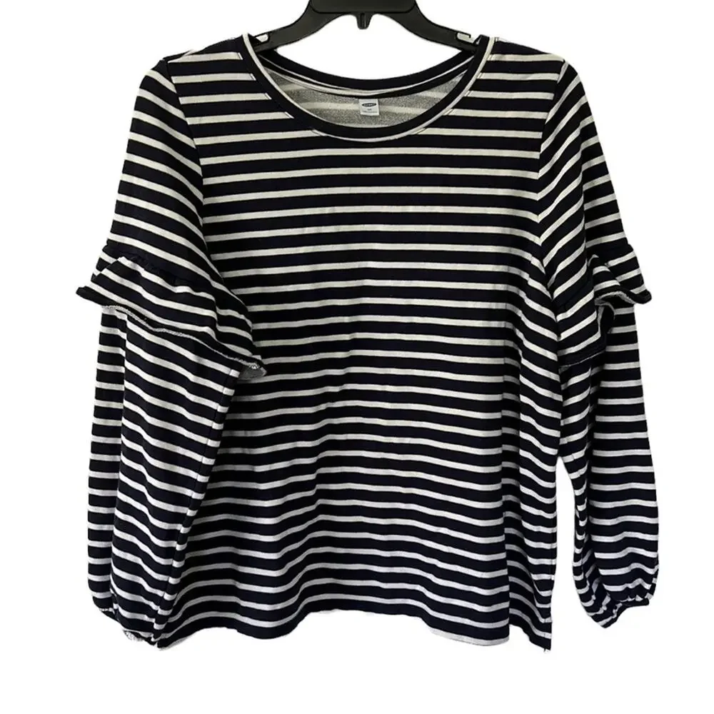 Old Navy XXL Navy & White Striped Ruffled Long Sleeve Sweater - Picture 1 of 10